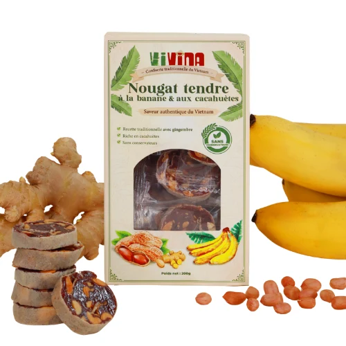 Coffret de nougat tendre banane et cacahuètes VIVINA au gingembre, avec racines de gingembre et bananes