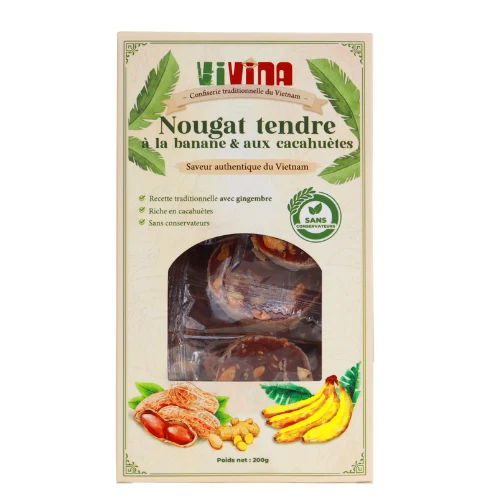 Face avant du coffret de nougat tendre banane et cacahuètes VIVINA